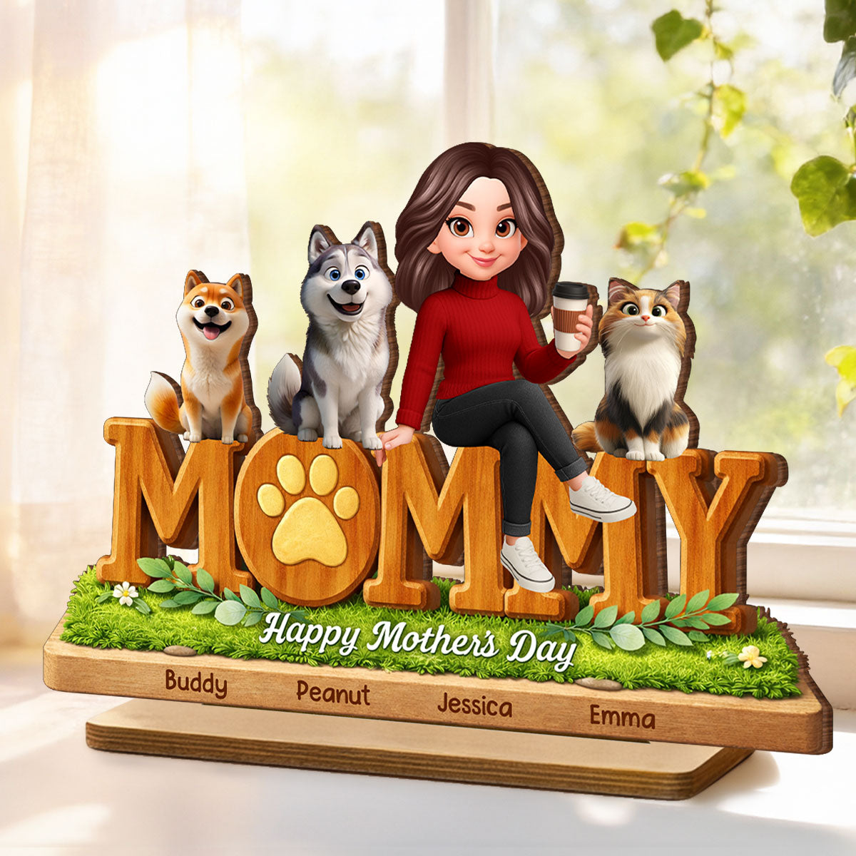Mommy Dog Cat Happy Mother's Day - Personalized 2-Layered Wooden Plaque - Heartfelt Gift For Dog Mom, Cat Mom
