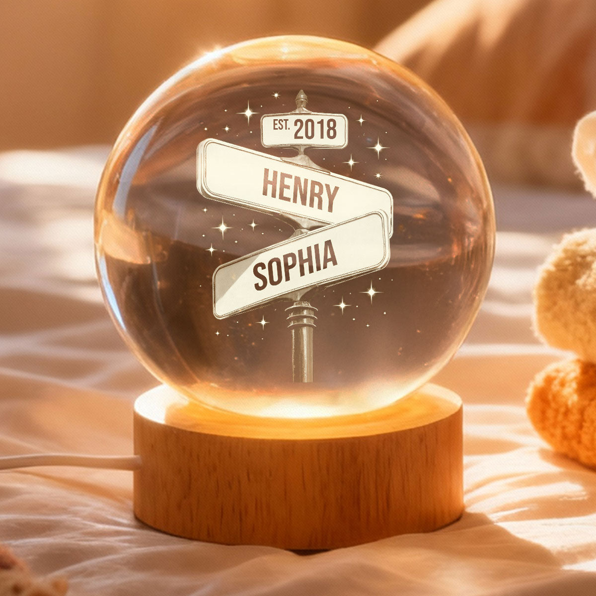 Custom Couple Street Sign - Personalized Crystal Ball LED Night Light - Sentimental Valentine's Day Gift for her, for him