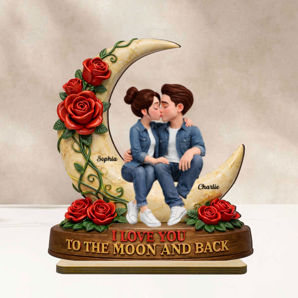 Couple Eternal Love to the Moon and Back - Personalized 2-Layered Wooden Plaque - Sentimental Valentine's Day Gift for Her, for Him