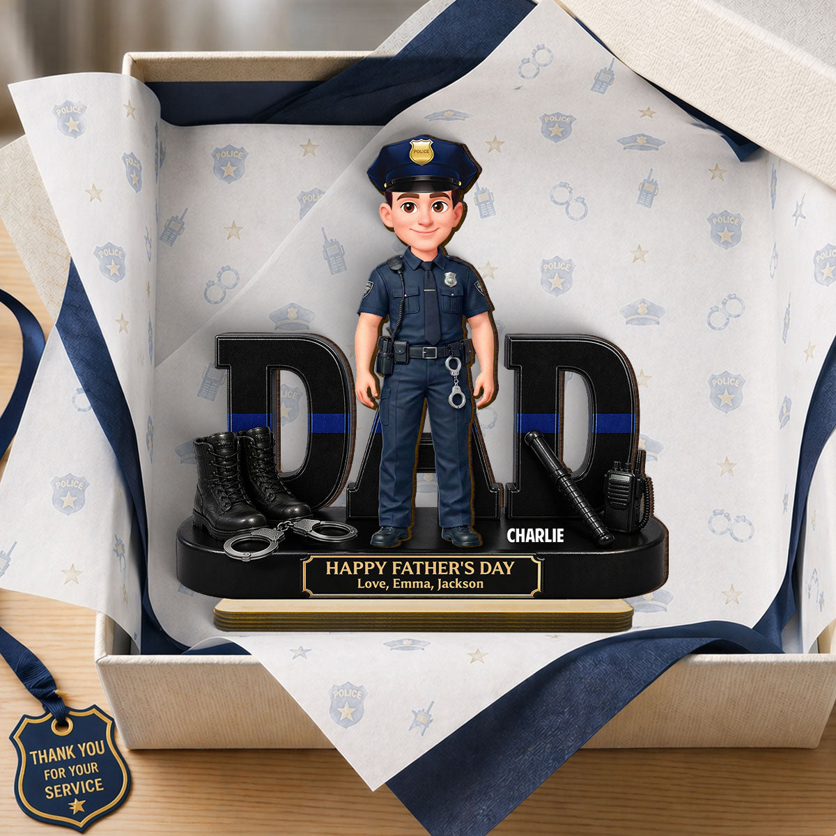 Proud American Police Officer Dad - Personalized 2-Layered Wooden Plaque -  Gift For Dad
