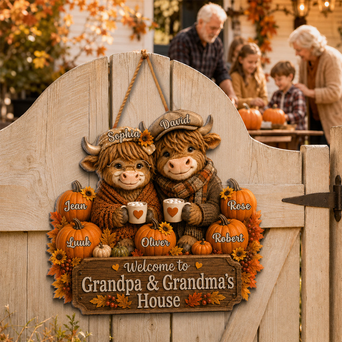 Welcome To Grandpa Grandpa's House Highland Cow - Personalized Wood Sign - Fall Season Decor Gift, Gift For Grandma, Grandpa