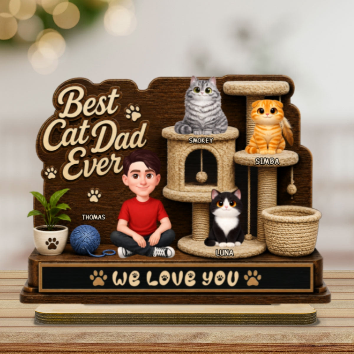 Best Cat Dad Ever Man Sitting Cute Cats On Cat Tree 2D Flat - Personalized 2-Layered Wooden Plaque -  Gift For Cat Dad