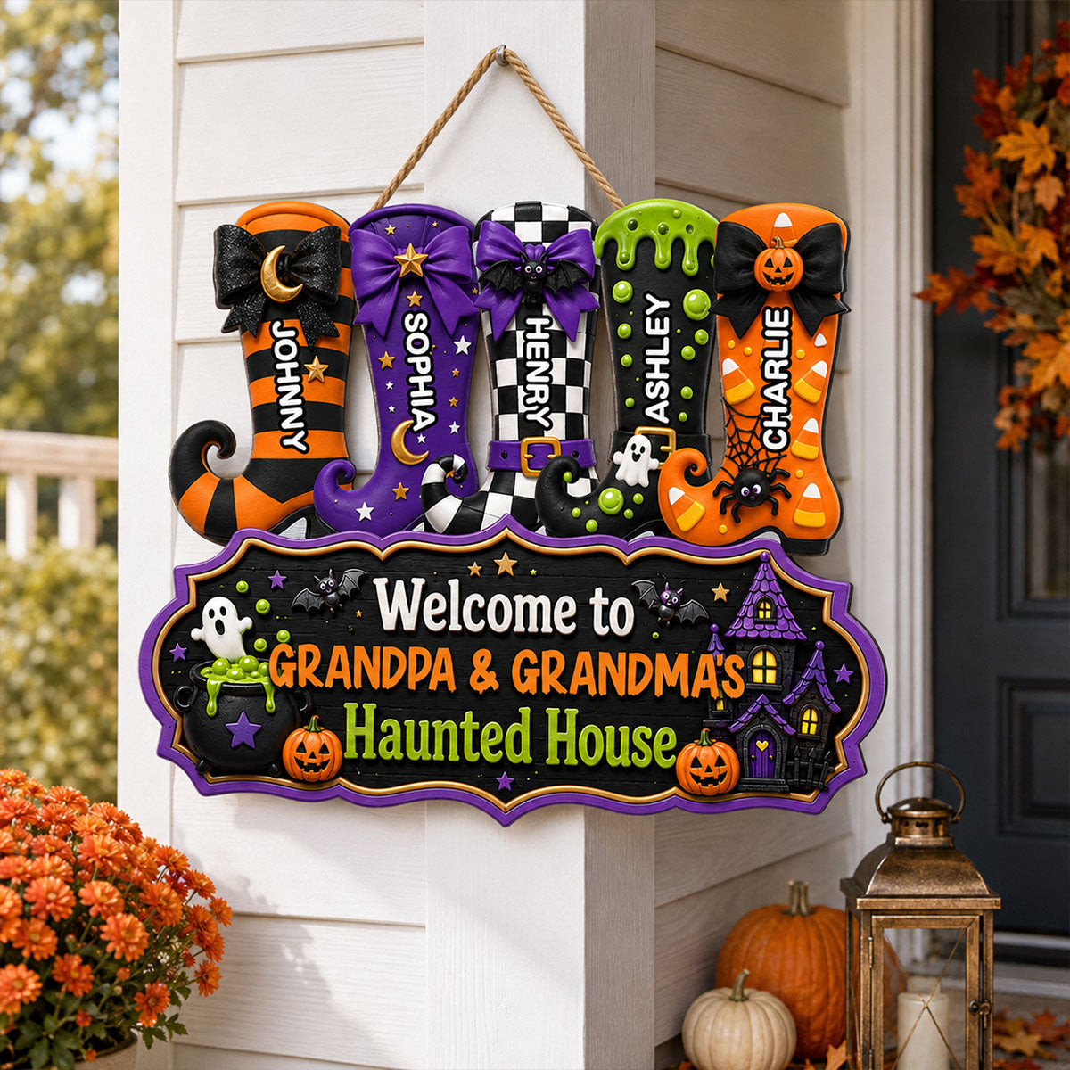 Whimsical Halloween Welcome To Grandma Grandpa Haunted House Witch Boots - Personalized Wood Sign - Halloween Decoration For Grandparents