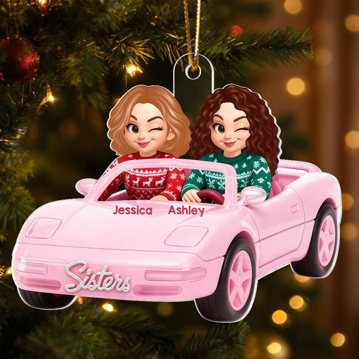 Doll Besties Driving Pink Car - Personalized Acrylic Ornament - Christmas Gift for Besties