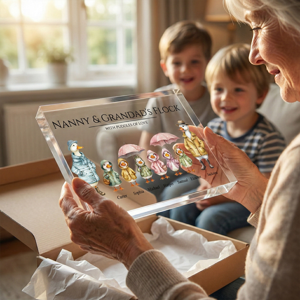 Grandparents Grandma Grandad's Flock Cute Watercolor Ducks - Personalised Acrylic Block Plaque