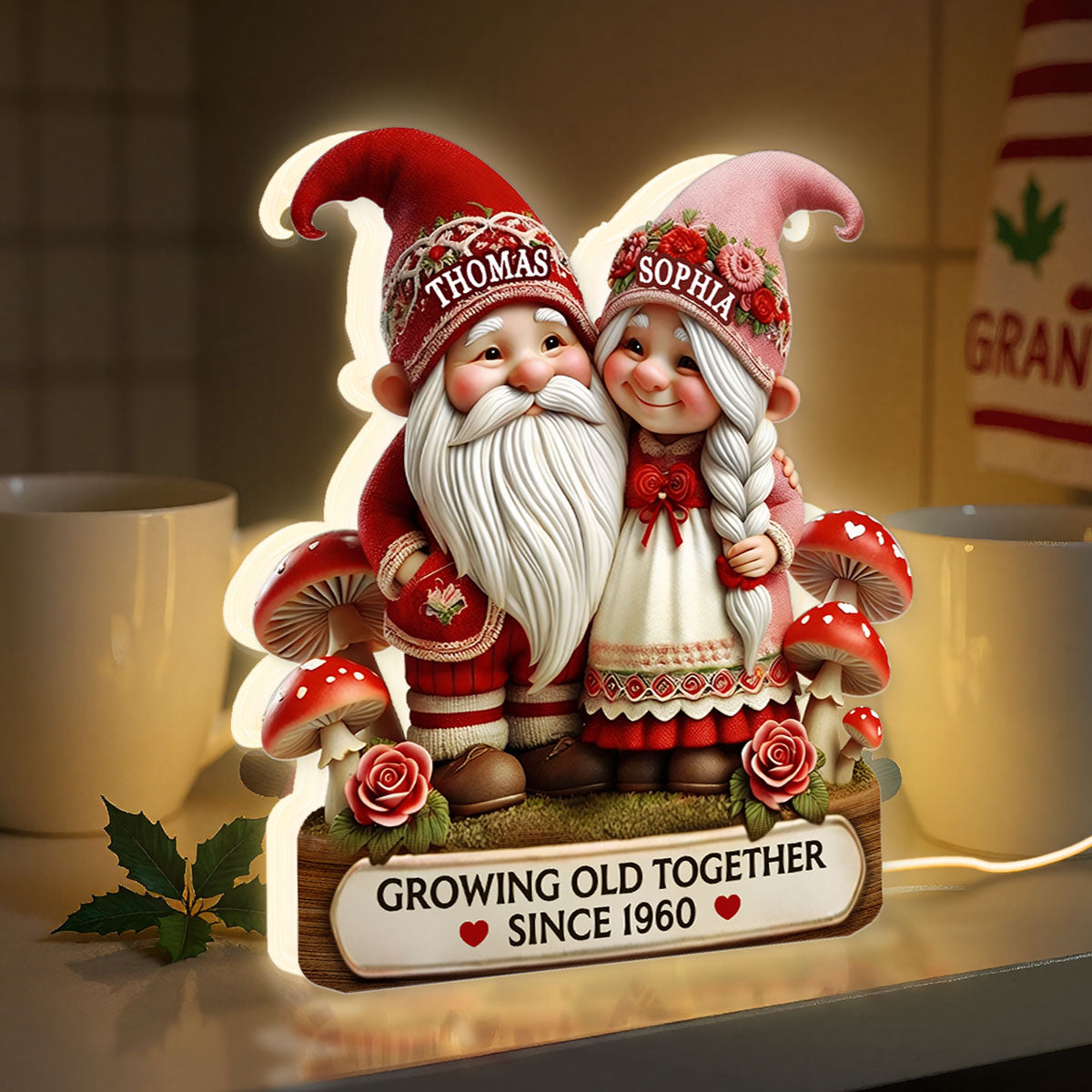 3D Effect Gnome Couple Growing Old Together - Personalized Light Box - Heartfelt Valentine's Day Gift, Anniversary Gift For Couple, For Him, For Her