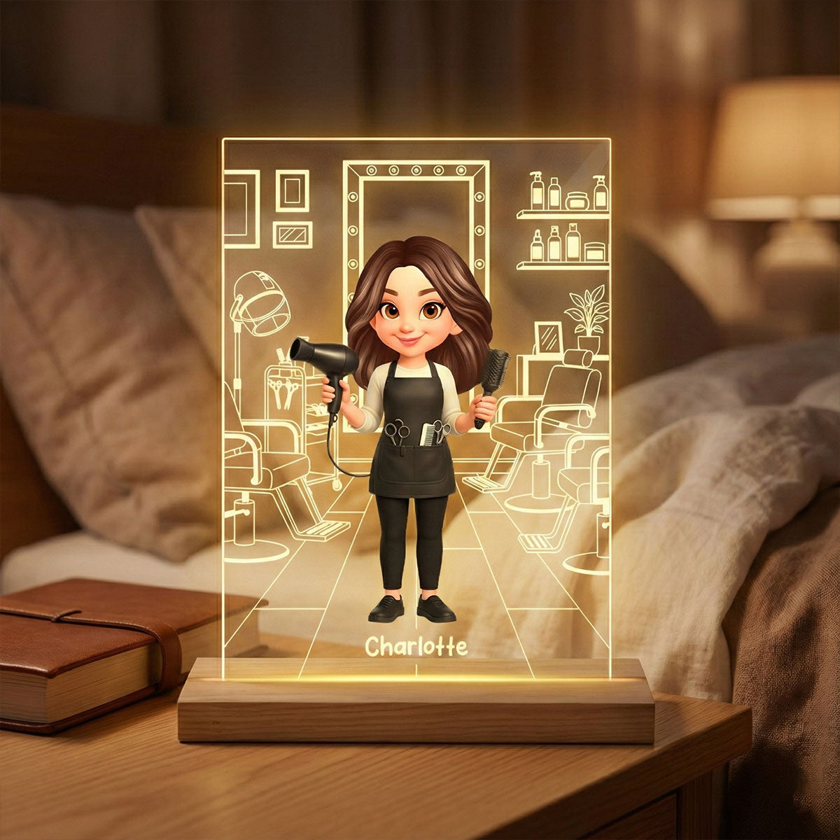 Hairdresser Man Woman In Hair Salon - Personalized Acrylic Plaque LED Night Light - Gift For Hairdressers