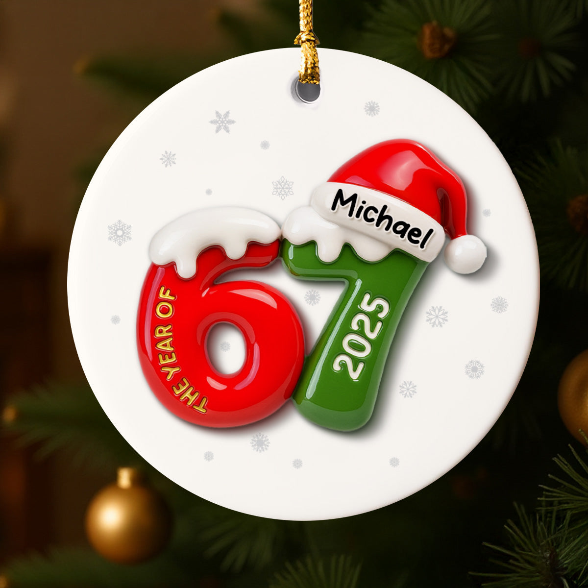 Custom Name 67 Six Seven 3D Effect - Personalized Ceramic Ornament - 2025 Slang, Funny Teen Grandkid, Gen Alpha Christmas Gift