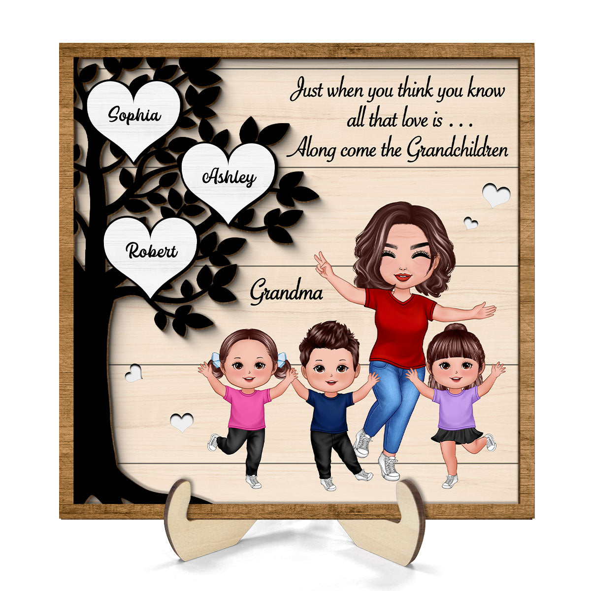 Love Come Along With Grandchildren Heart Tree Happy Grandma Grandkids Personalized 2-Layer Wooden Plaque