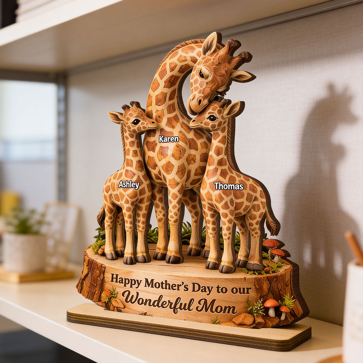 Happy Mother's Day Giraffe Mom - Personalized 2-Layered Wooden Plaque - Heartfelt Mother's Day Gift for Mom, Wife