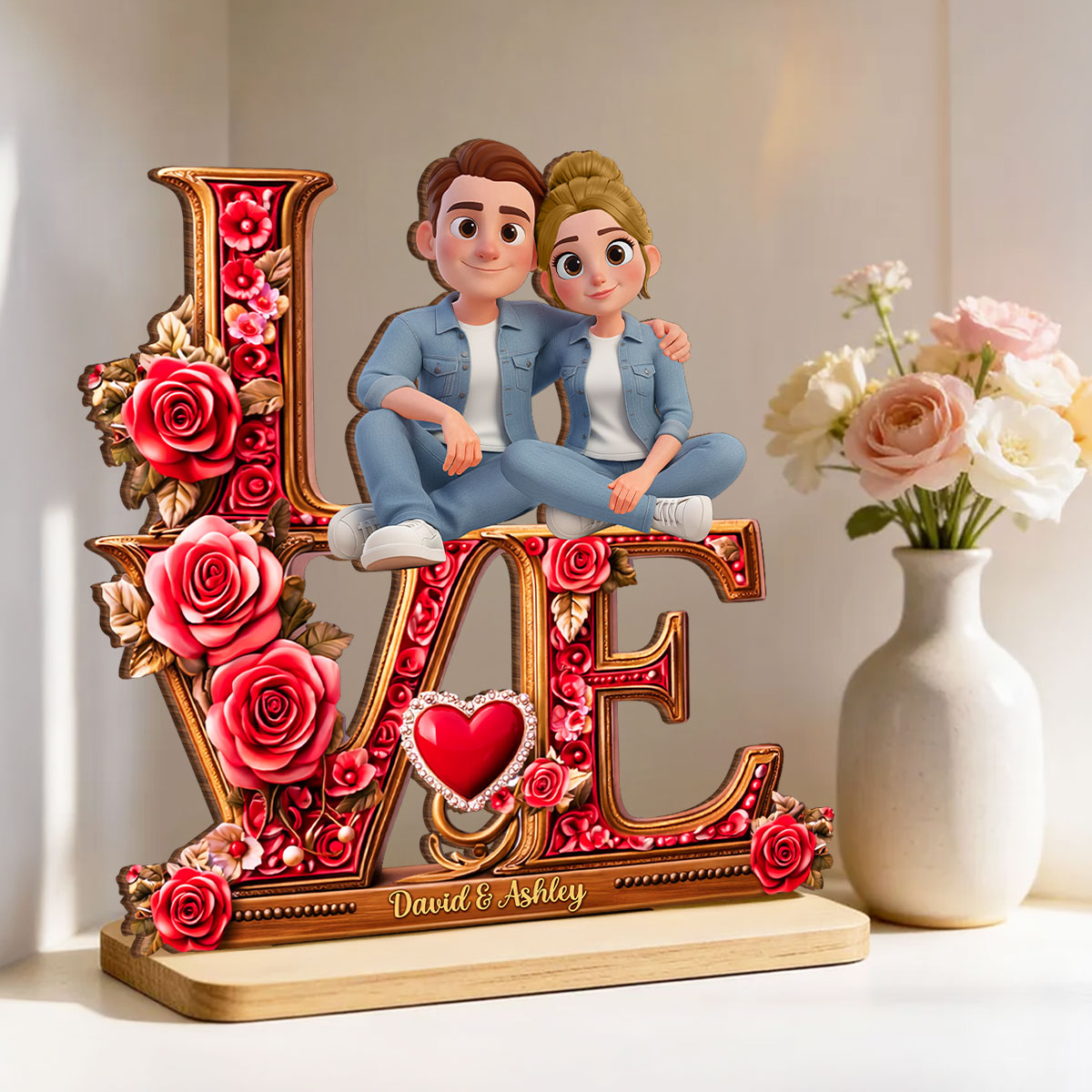 Couple Heart Rose Love - Personalized 2-Layered Wooden Plaque - Heartfelt Valentine's Day Gift for Her, for Him