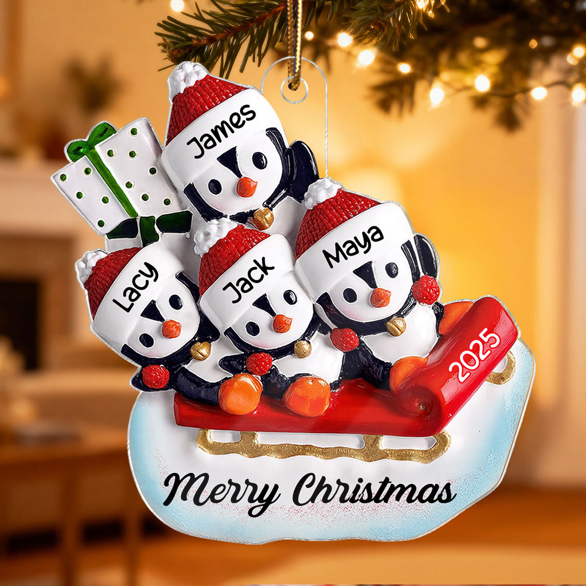 3D Effect Penguin Family On Sled - Personalized Acrylic Ornament
