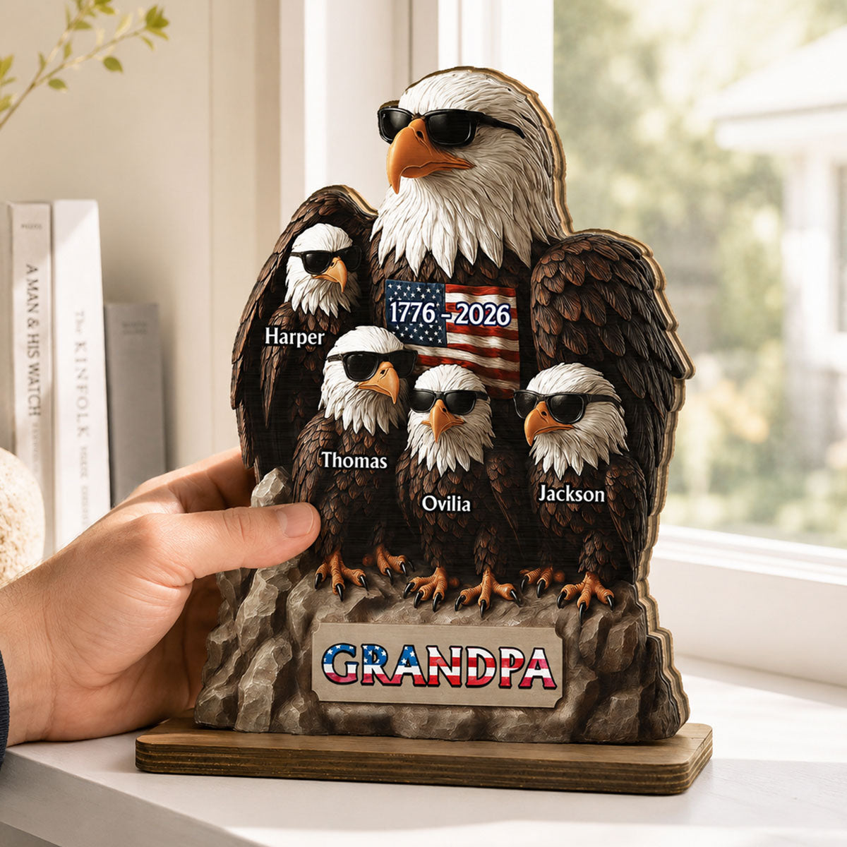 America 250th Anniversary Patriotic Eagle Grandpa Dad & Kids - Personalized 2-Layered Wooden Plaque -  Gift, 250th Anniversary Gift, Keepsake For Grandpa, Dad