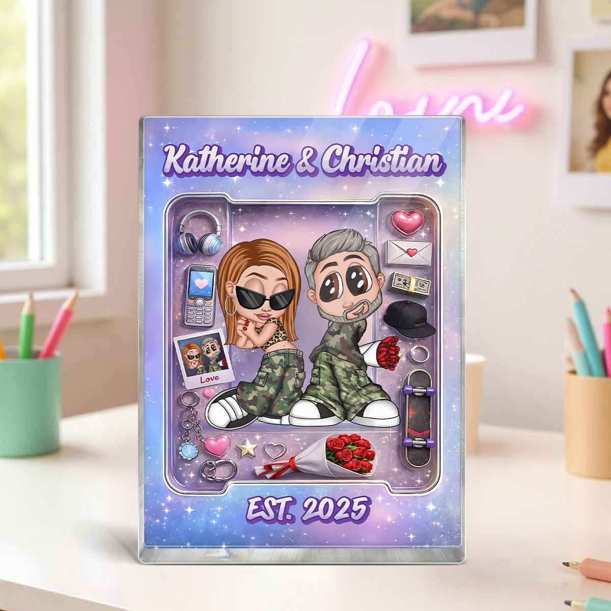 Y2K Couple Pink Toy Box With Accessories - Personalized Acrylic Block - Gift for Couple