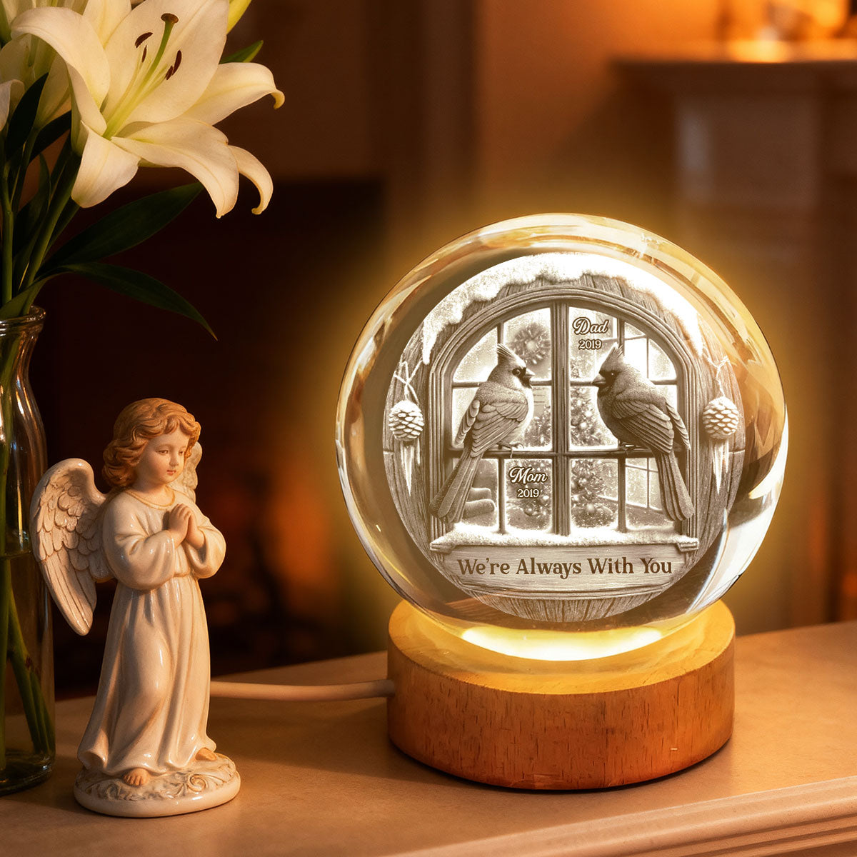 Memorial Cardinal Outside Window - Personalized Crystal Ball LED Night Light - Memorial Sympathy Gift