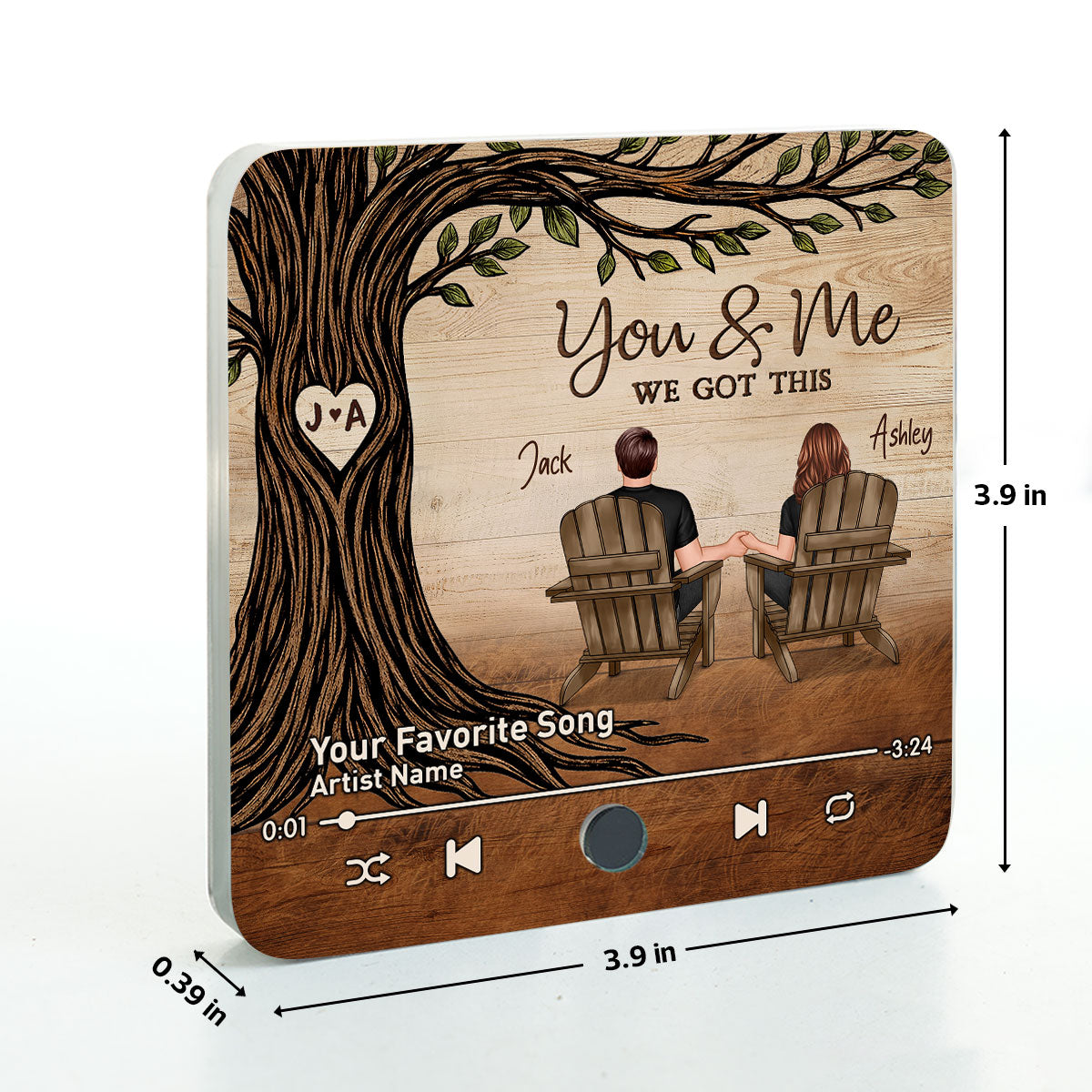 Couple Sitting Under Heart Carved Tree - Personalized Music Fridge Magnet - Valentine's Day Gift For Couple