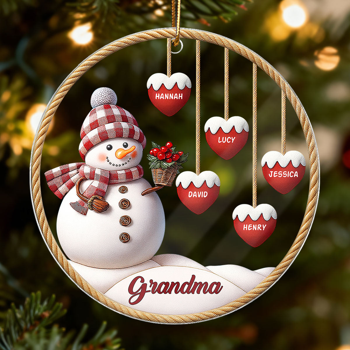 3D Effect Grandma Snowman With Grandkids Name - Personalized Acrylic Ornament - Christmas Decor For Grandma