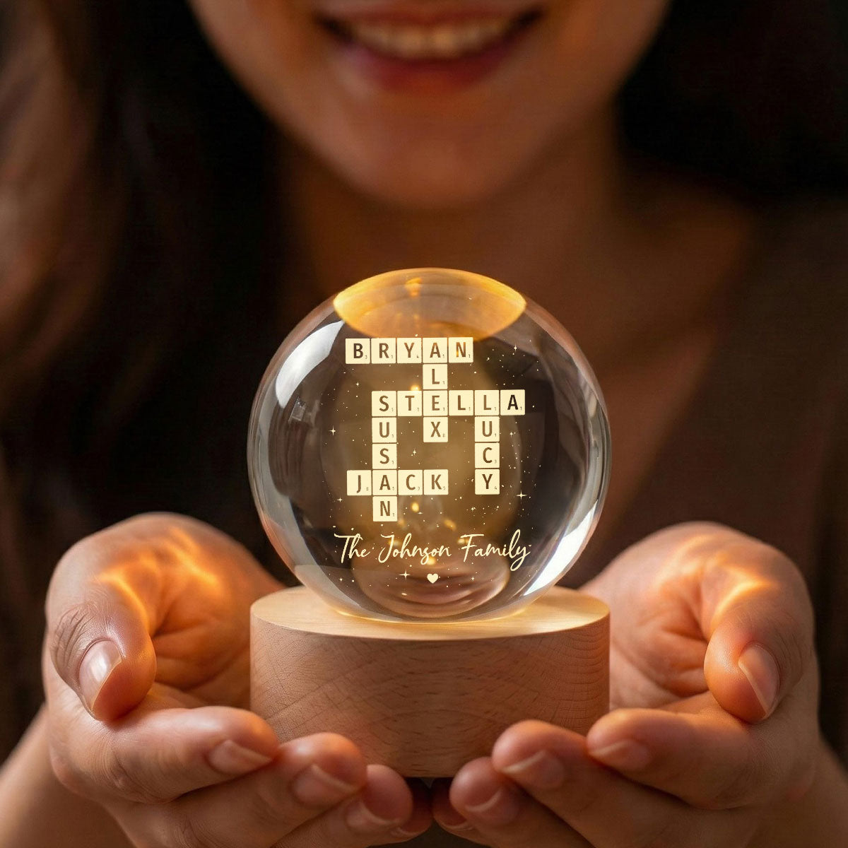 The Family Puzzle Crossword Art Home Decor - Personalized Crystal Ball LED Night Light