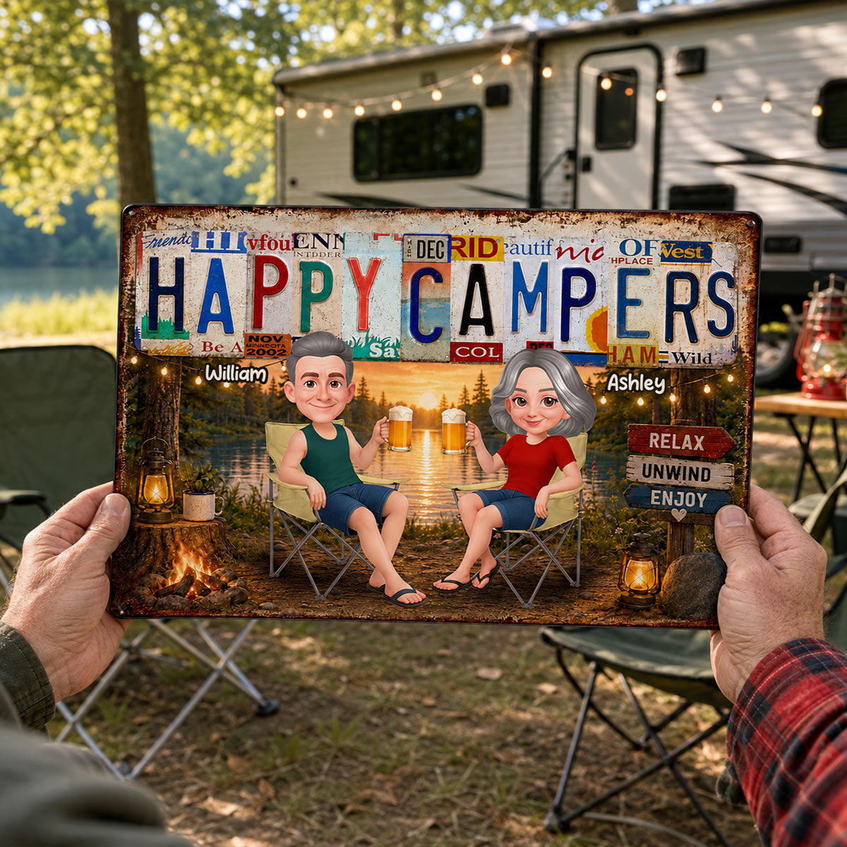 Happy Campers Camping Couple License Plate Style - Personalized Metal Sign - Gift For Campers