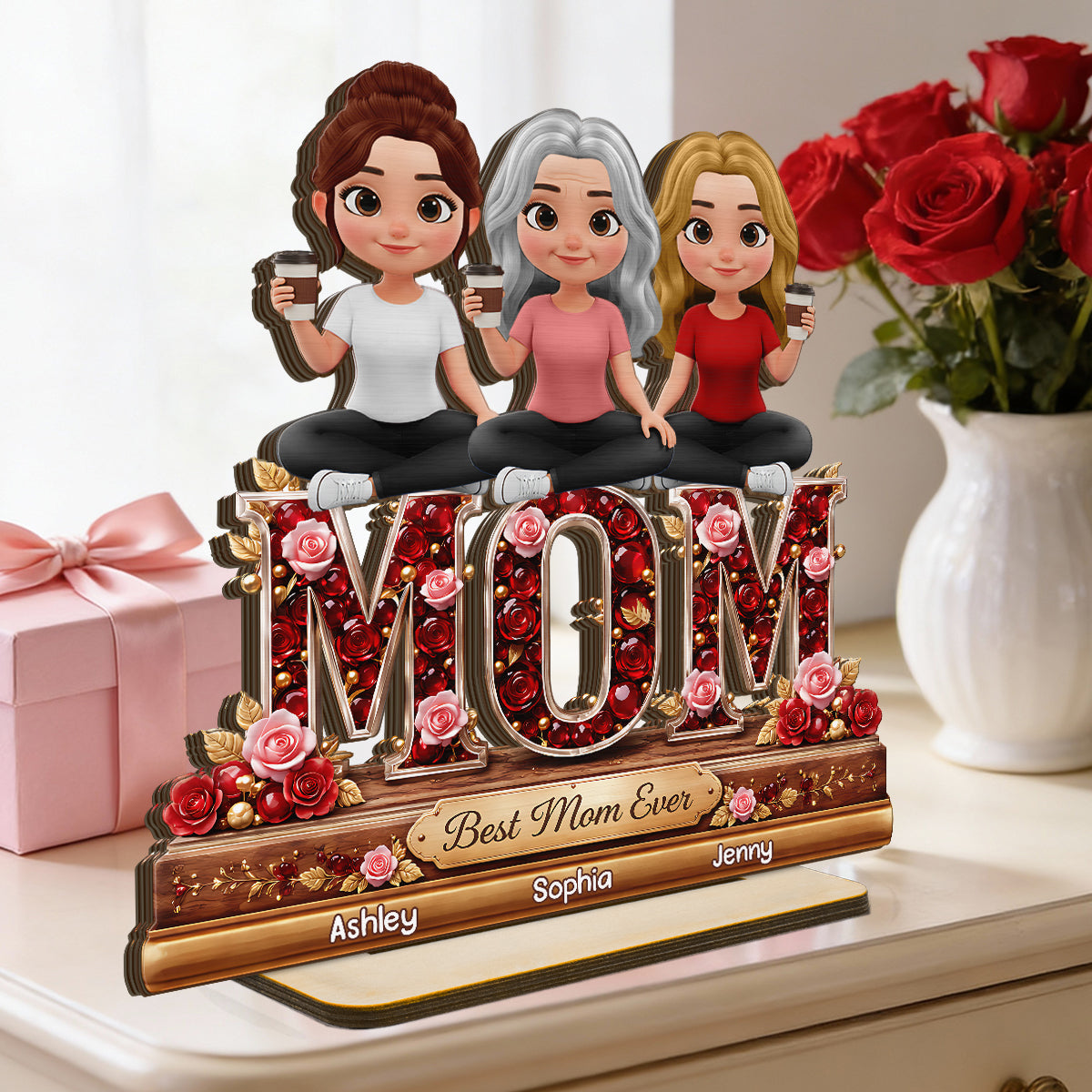 Best Mom Ever Mom And Daughters - Personalized 2-Layered Wooden Plaque - Heartfelt Gift For Mom, Grandma