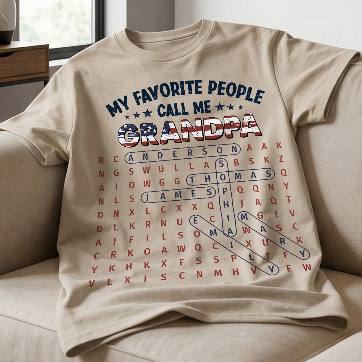 Grandpa's Favorite People Word Search Puzzle American Flag Theme - Personalized Shirt - Father's Day Gift For Grandpa, Dad