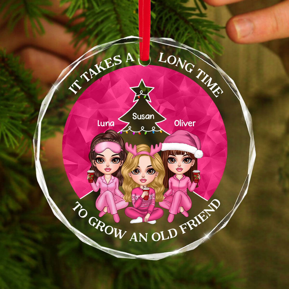 Pink Christmas Besties Sister Christmas Tree Personalized Glass Ornament