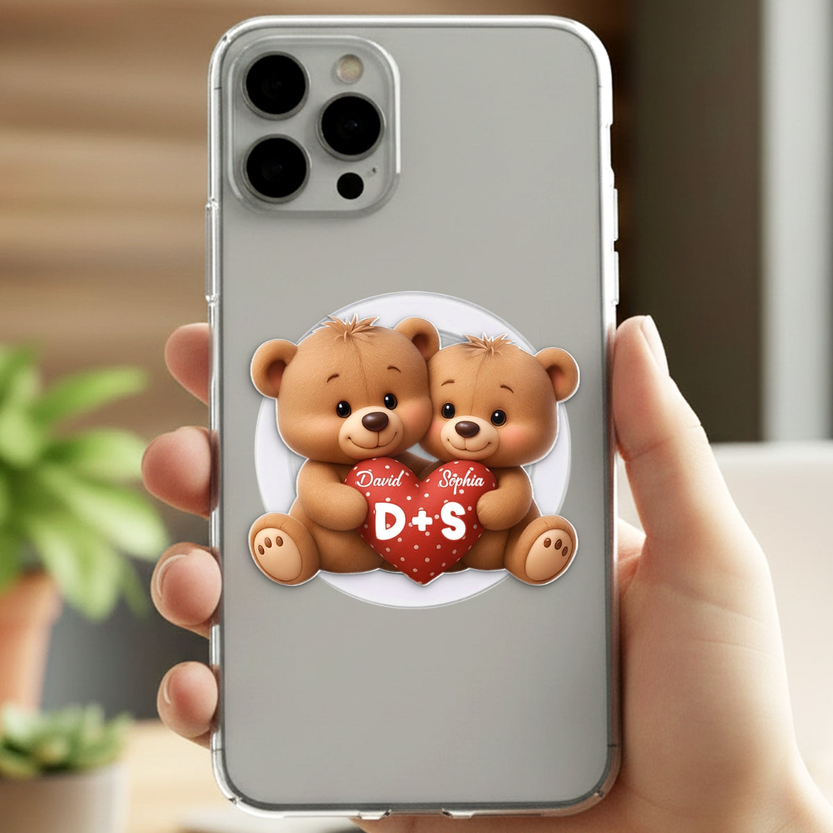 Bear Couple Holding Heart - Personalized Acrylic Magnetic Phone Grip - Gift for him, for her, Matching Phone Grips for Couple