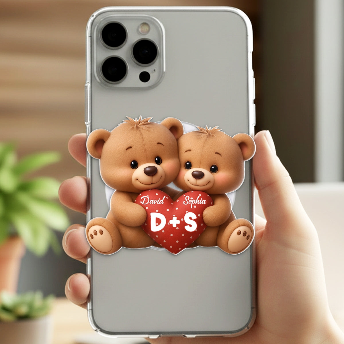 Bear Couple Holding Heart - Personalized Acrylic Magnetic Phone Grip - Gift for him, for her, Matching Phone Grips for Couple