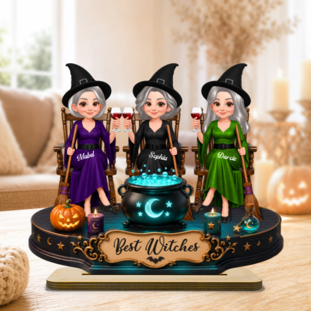 Besties Sisters Witches 2D Flat - Personalized Wooden Plaque - Halloween Decoration