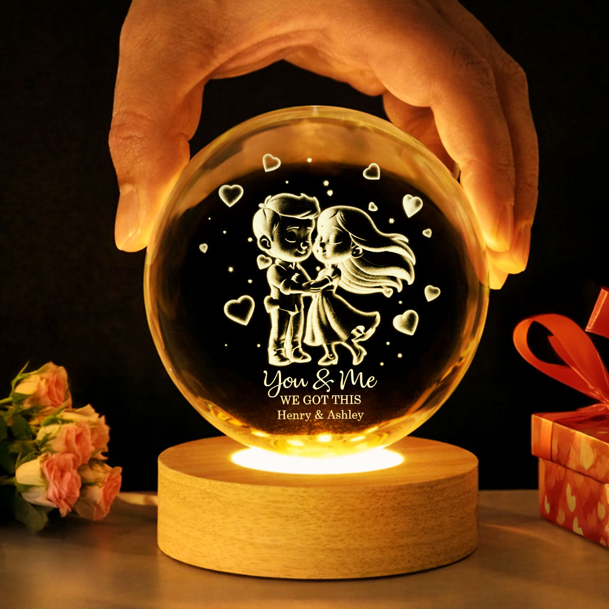 Loving Chibi Couple - Personalized Crystal Ball LED Night Light - Sentimental Valentine's Day Gift for Her, for Him