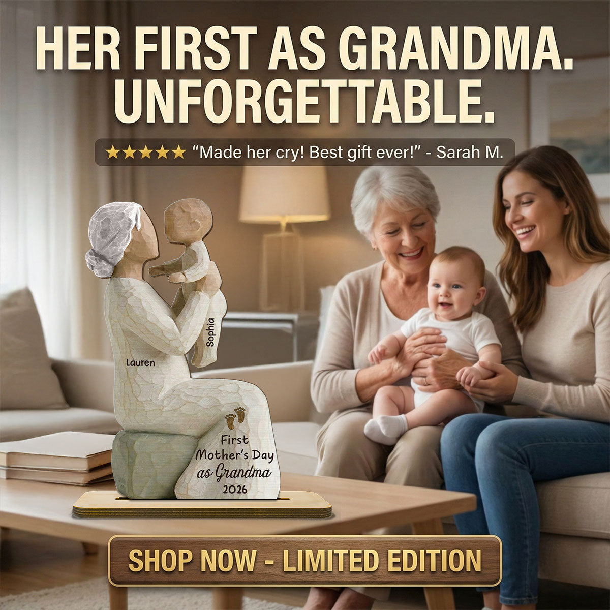 First Mother's Day As Grandma 2D Flat - Personalized 2-Layered Wooden Plaque - Mother's Day Gift for Grandma