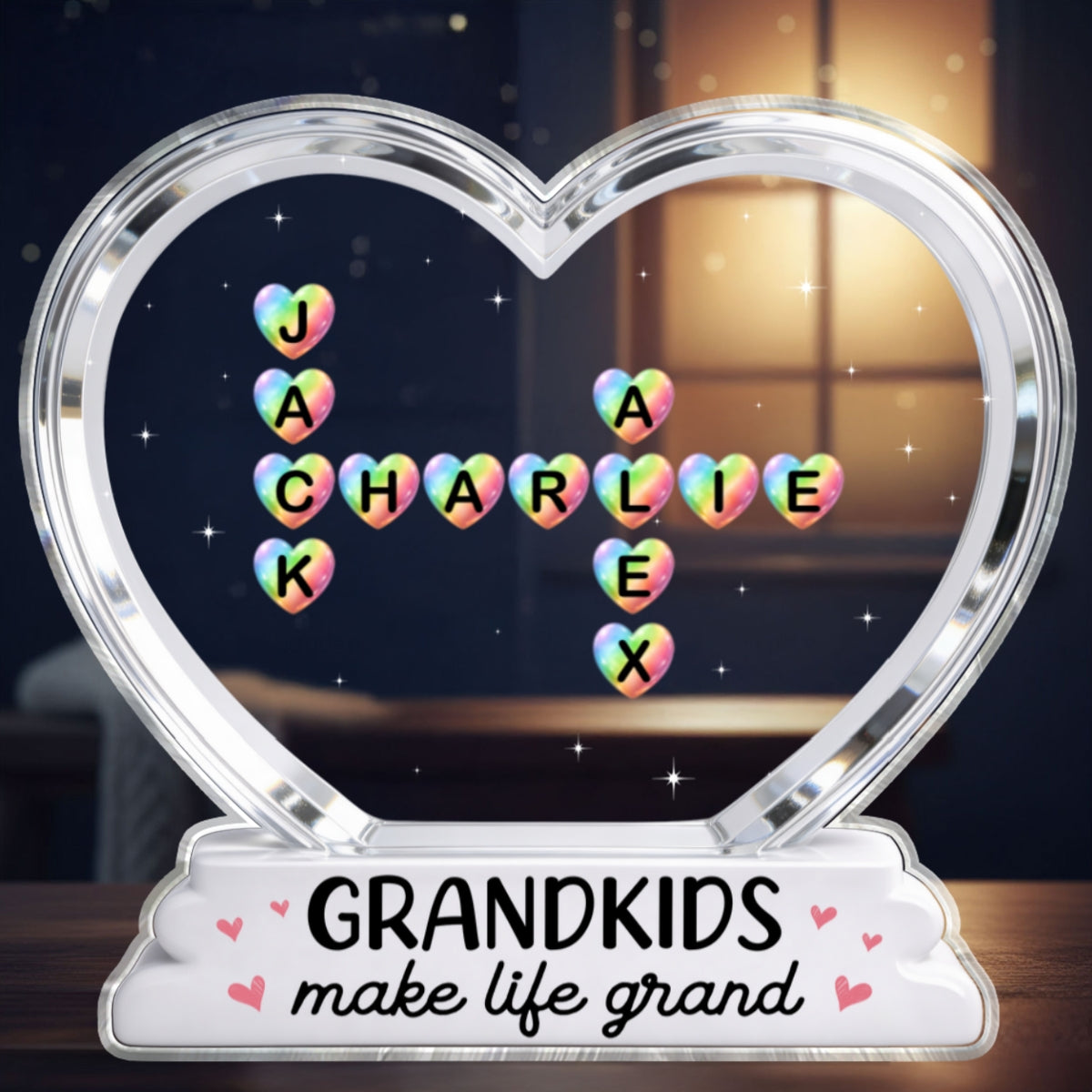 Grandkids Make Life Grand Crossword Puzzle Art Colorful Hearts 2D Flat - Personalized Acrylic Block Plaque - Gift For Grandma