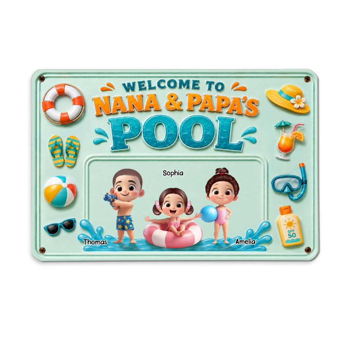 Nana & Papa's Poolside With Kids - Personalized Metal Sign - Gift For Kids, Grandparents, Summer Decorations