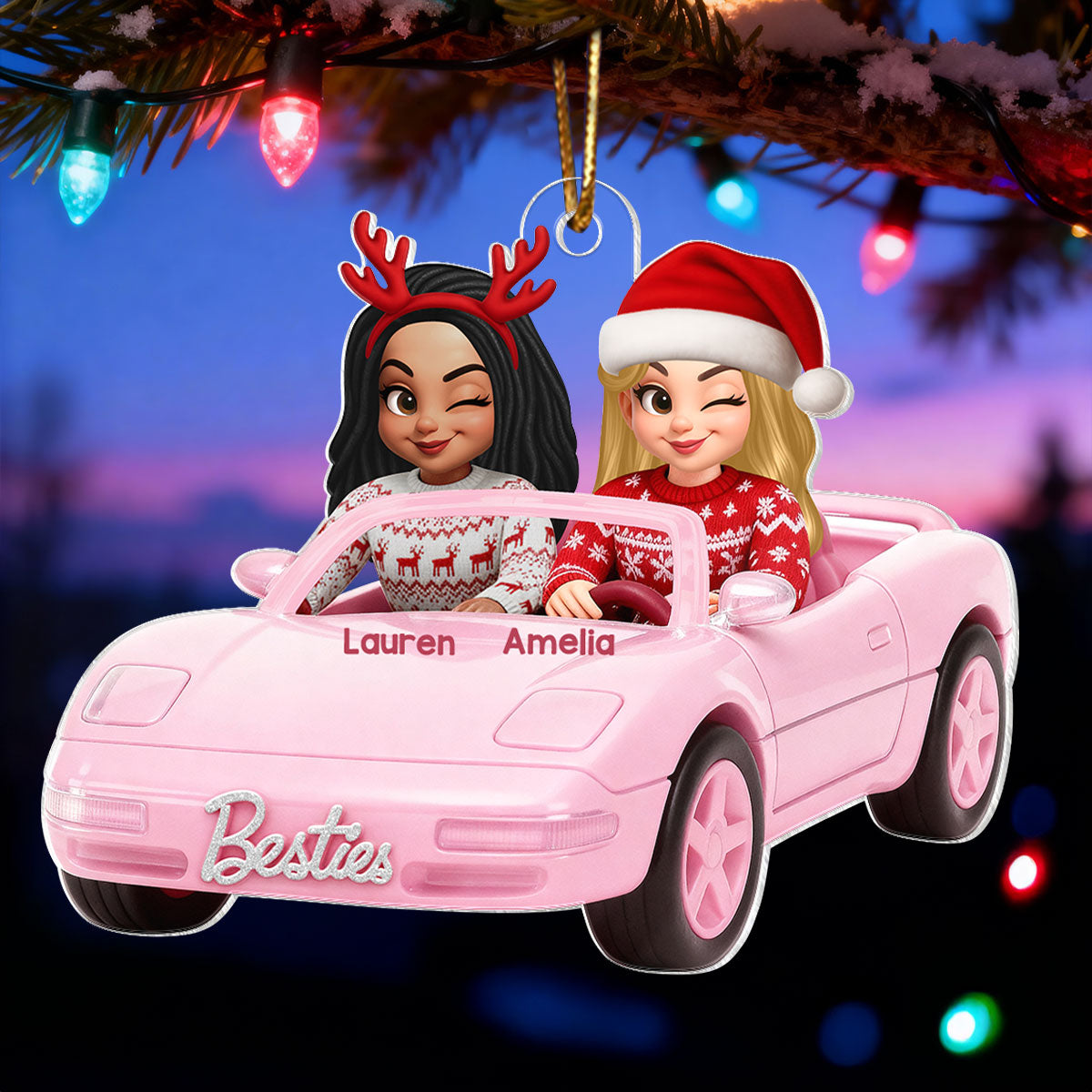 Doll Besties Driving Pink Car - Personalized Acrylic Ornament - Christmas Gift for Besties