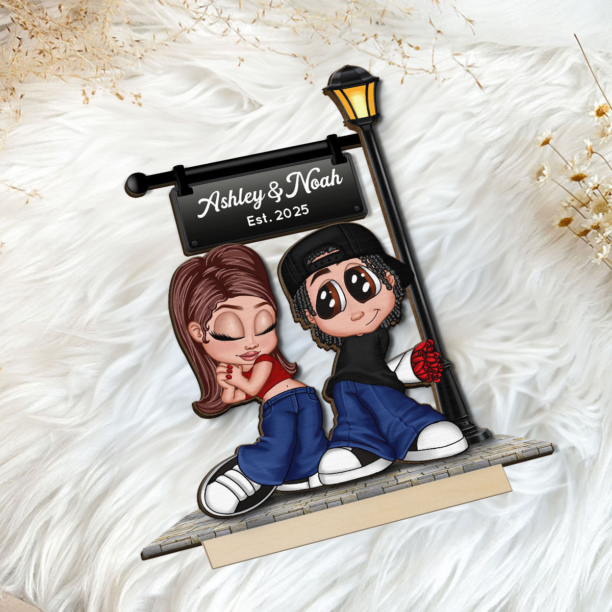 Eternal Love Y2K Couple Under Street Lamp Post - Personalized 2-Layer Wooden Plaque - Gift For Couple, Gift For Him, For Her