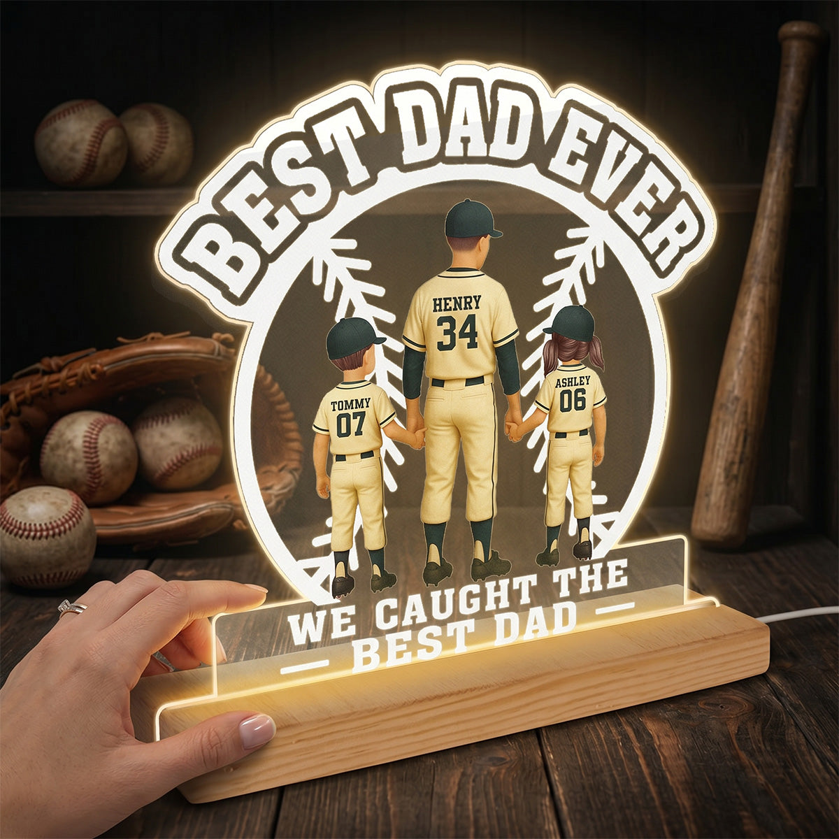 We Caught The Best Dad Baseball Dad & Kids - Personalized Acrylic Plaque LED Night Light