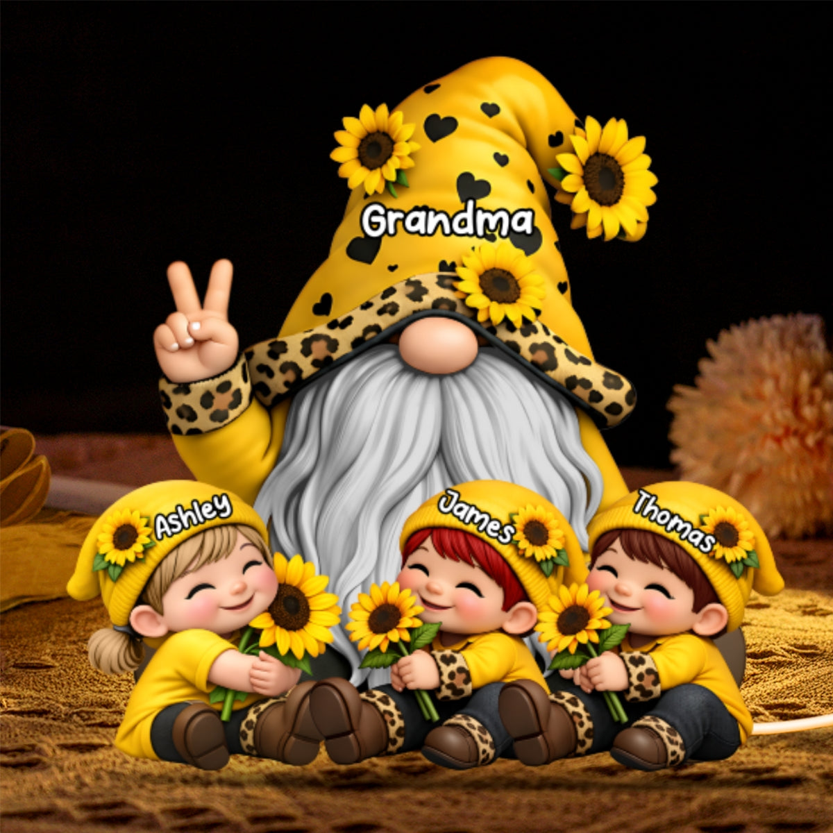 Gnome Grandma & Grandkids Sunflower - Personalized Light Box - Sentimental Gift for Grandma