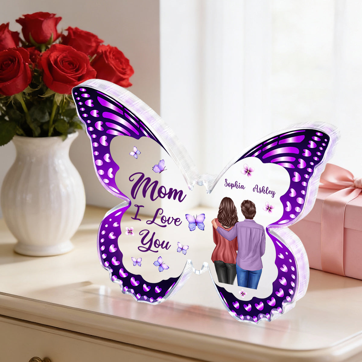 Mom I Love You Butterfly - Personalized Acrylic Block Plaque - Heartfelt Gift For Mom, Grandma