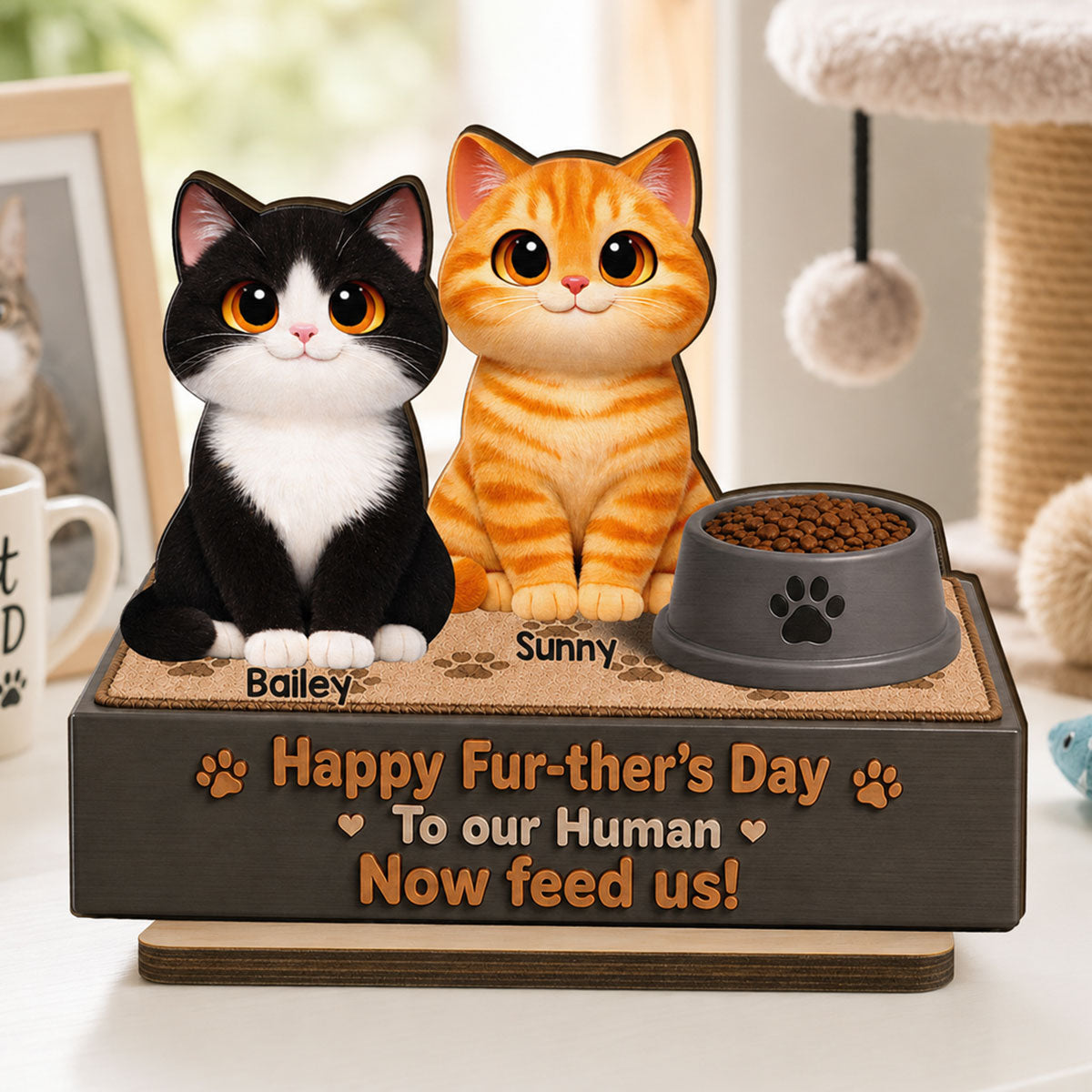 Cute Fluffy Cats Happy Fur-ther's Day Human - Personalized 2-Layered Wooden Plaque - Funny  Gift For Cat Dad, Cat Lovers
