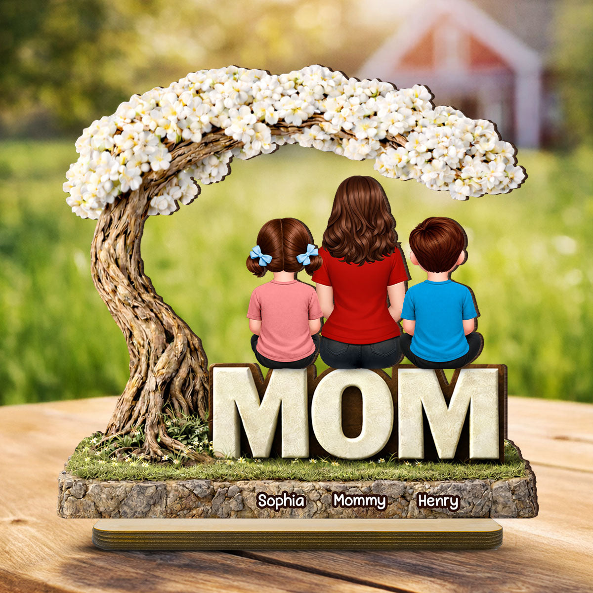 Personalized Family Tree 2-Layered Wooden Plaque – Mom & Kids Names Standing Decor