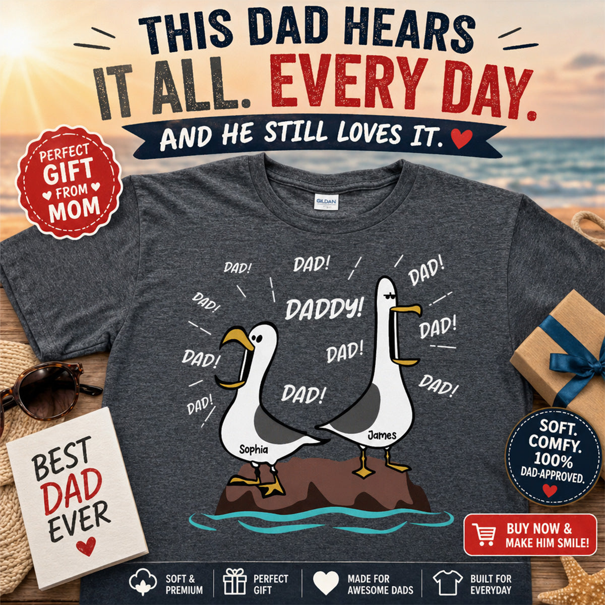Seagull Dad! Dad! Dad! Custom Kid Name - Personalized Shirt - Funny Father's Day Gift For Dad, Husband