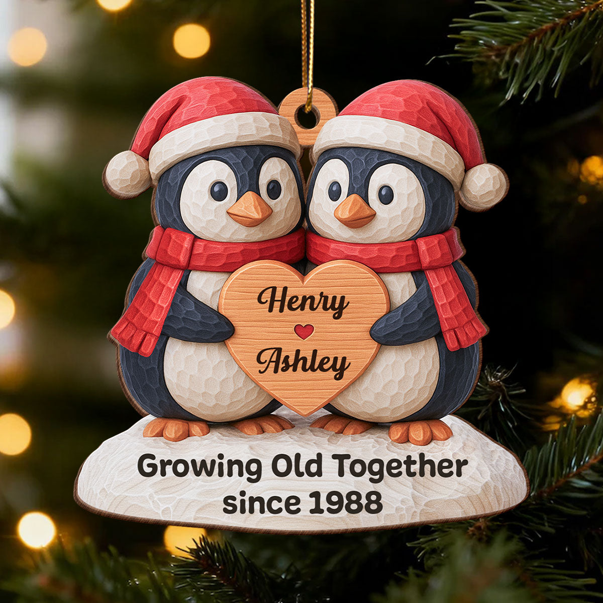 Christmas Penguin Couple - Personalized Wooden Ornament - Christmas Gift for Couple