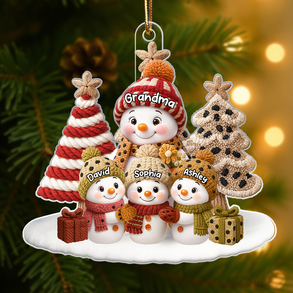 3D Embroidered Effect Snowman Grandma Grandkids - Personalized Acrylic Ornament - Christmas Gift for Grandma