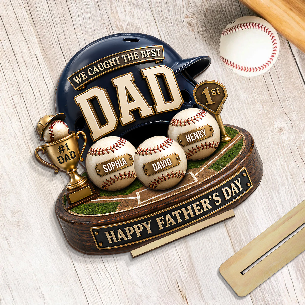 Baseball Trophy We Caught The Best Dad - Personalized 2-Layered Wooden Plaque -  Gift For Dad, Husband