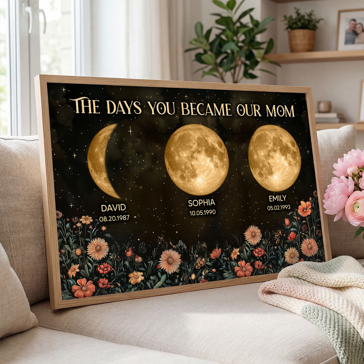 Vintage Flowers The Day You Became Mom Grandma Custom Birth Moon Phase - Personalized Poster, Mother's Day Gift For Mom, Grandma