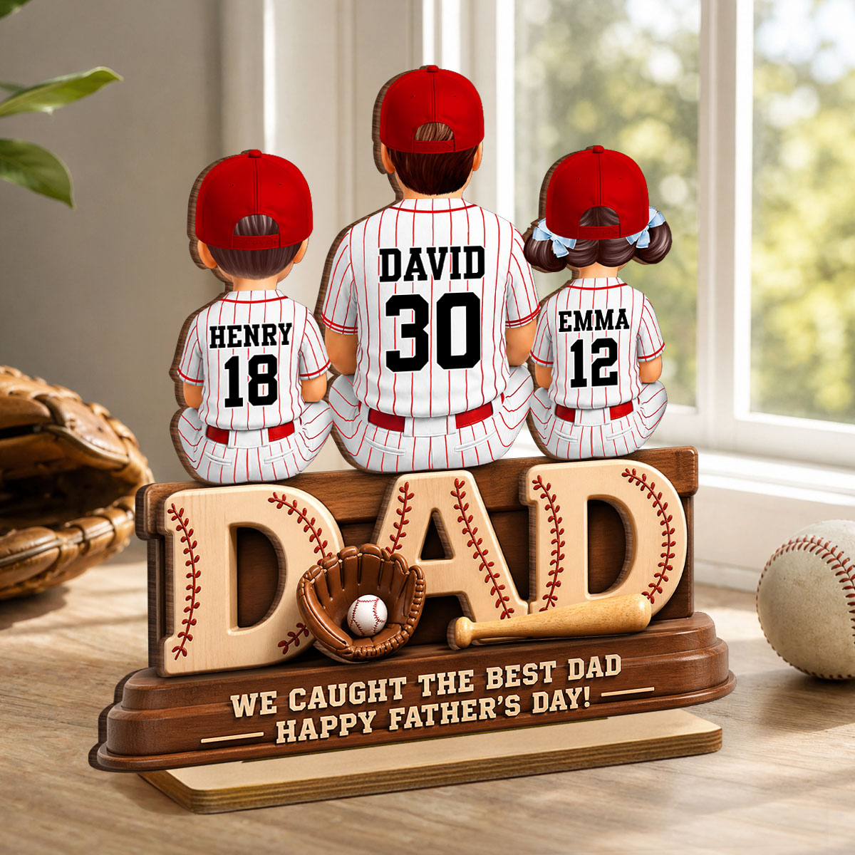 We Caught the Best Baseball Dad, Dad & Kids Back View - Personalized 2-Layered Wooden Plaque -  Gift for Dad, Husband