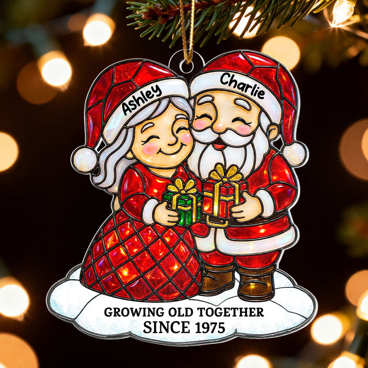 Couple Growing Old Together Stained Glass Pattern - Personalized Acrylic Ornament - Heartwarming Christmas Gift For Him, For Her, For Couple