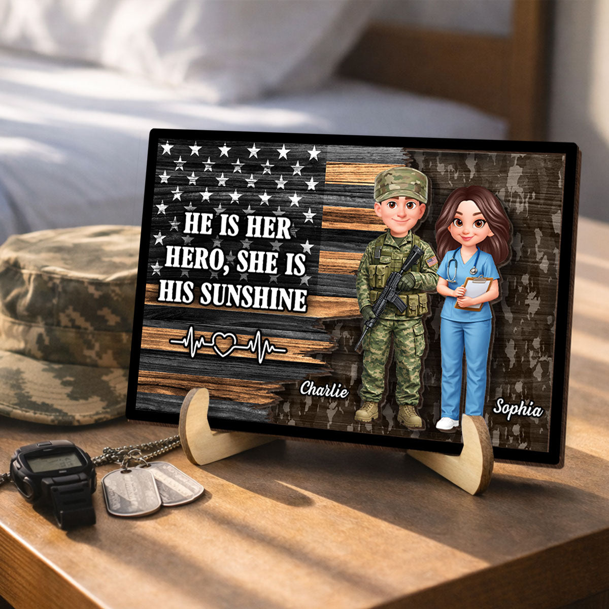 Custom Army Couple Nation Flag - Personalized 2-Layered Wooden Plaque - Heartfelt Gift for Him, for Her