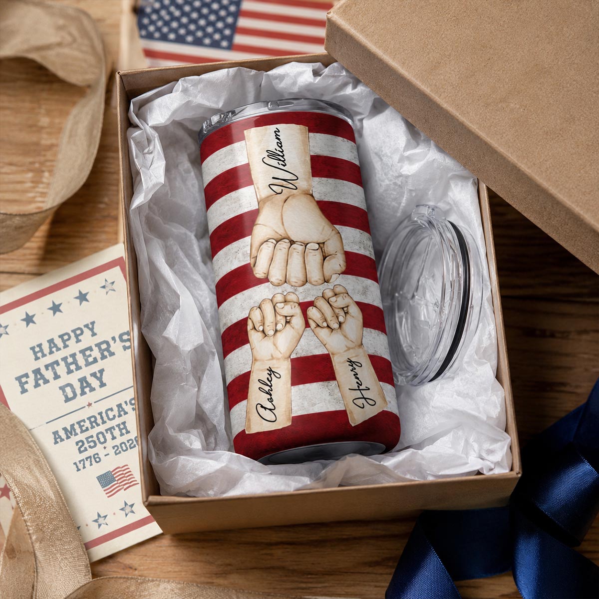 Proud American Dad Grandpa & Kids Fist Bumps - Personalized 4-in-1 Can Cooler - 4th Of July, American 250th Anniversary Gift For Patriotic Dad, Grandpa