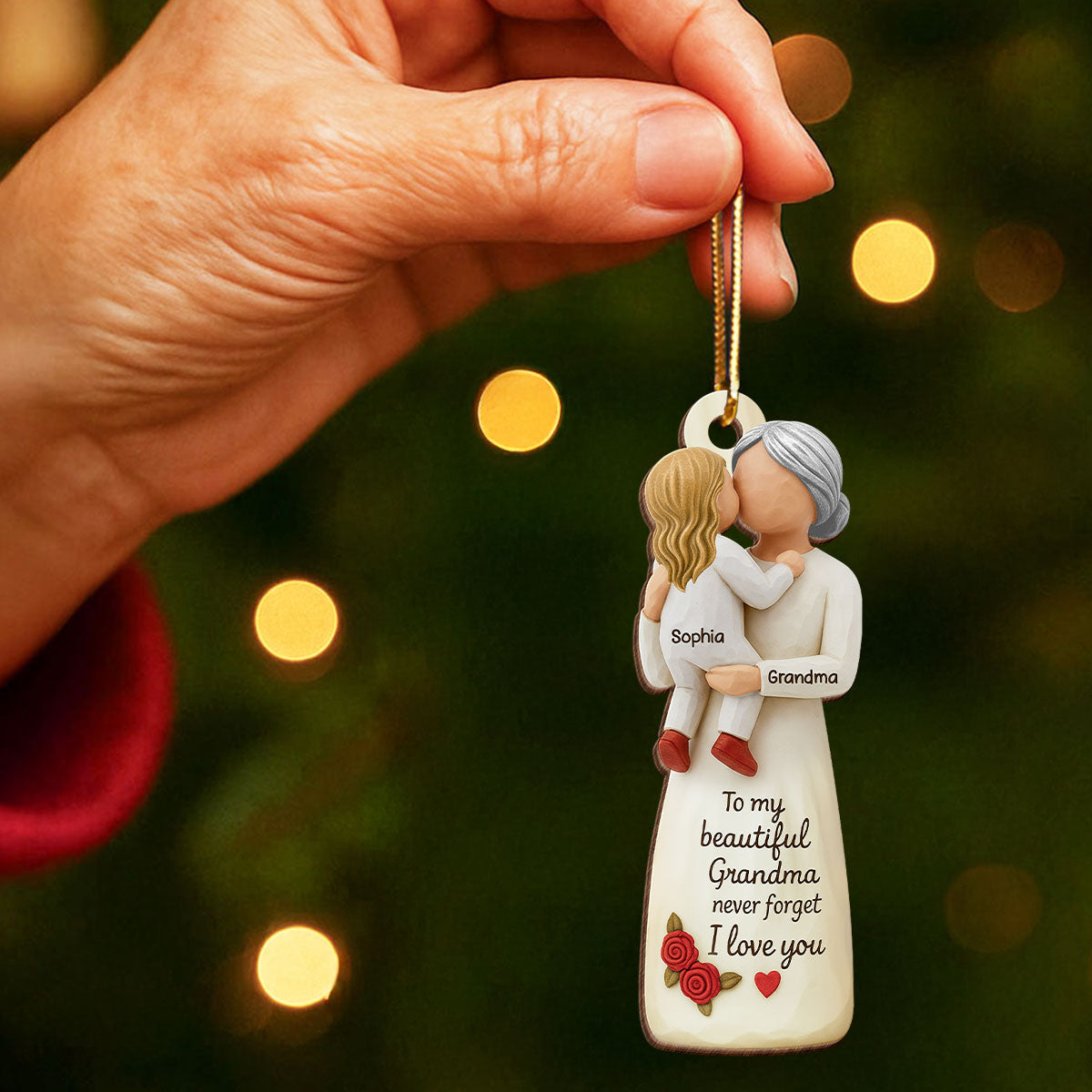 Grandma Hugging Grandkid 3D Effect - Personalized Wooden Ornament